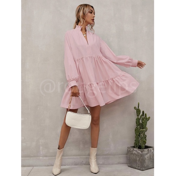 Baby Pink Long Sleeve Loose Fitting Mini Short Dress V-Neck Notch Neck - Picture 3 of 8